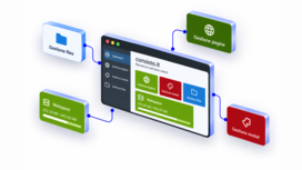 Illustrazione di un sistema di gestione dei contenuti (CMS) con un’interfaccia web digitale, circondata da icone per la gestione e la modifica dei contenuti del sito web.