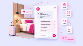 Illustrazione di un chatbot basato sull'intelligenza artificiale per hotel, con una finestra di chat digitale circondata da icone dedicate alla comunicazione con gli ospiti e ai servizi alberghieri.