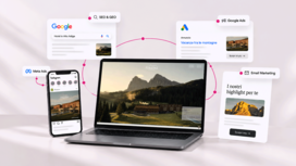 Illustrazione di un sito web per hotel visualizzato su un laptop, circondato da rappresentazioni di SEO & GEO, Google Ads, Meta Ads e newsletter marketing.