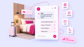Illustration eines KI-Chatbots für Hotels mit digitalem Chatfenster, umgeben von Symbolen für Gästekommunikation und Hotelservices.