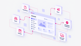 Illustration einer digitalen Website-Oberfläche, umgeben von Symbolen für Schnittstellen, Datenintegration und die Vernetzung verschiedener Systeme.
