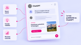 Illustrazione di un annuncio ChatGPT con una finestra di chat digitale, circondata da icone che rappresentano il pubblico target, la posizione geografica e l’ottimizzazione delle campagne.