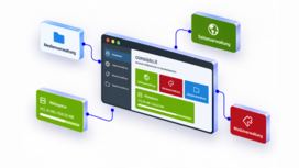 Illustration eines Content-Management-Systems (CMS) mit digitaler Website-Oberfläche, umgeben von Symbolen für die Verwaltung und Bearbeitung von Website-Inhalten.