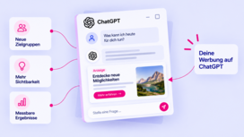 Illustration einer ChatGPT-Anzeige mit digitalem Chatfenster, verknüpft mit Symbolen für Zielgruppen, Standort und Kampagnenoptimierung.