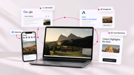 Animation einer Hotel-Website auf einem Laptop, umgeben von Darstellungen für SEO & GEO, Google Ads, Meta Ads und Newsletter-Marketing.