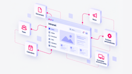 Illustrazione di un’interfaccia web digitale, circondata da icone che rappresentano le interfacce di collegamento, l’integrazione dei dati e la connessione tra diversi sistemi.